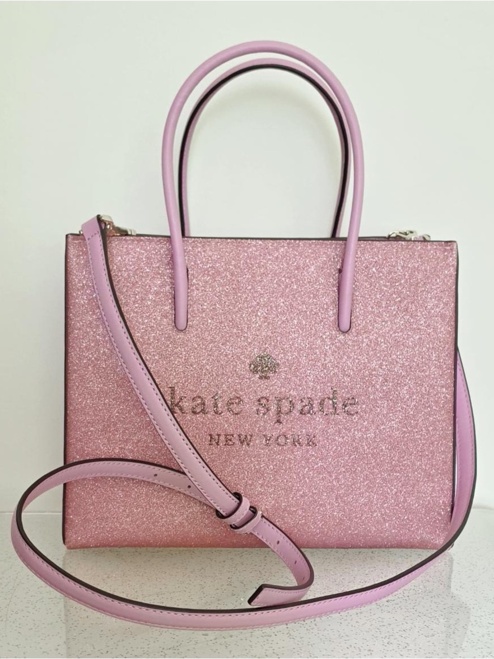 kate spade Pink Glitter Satchel with Top Handles and Crossbody Strap